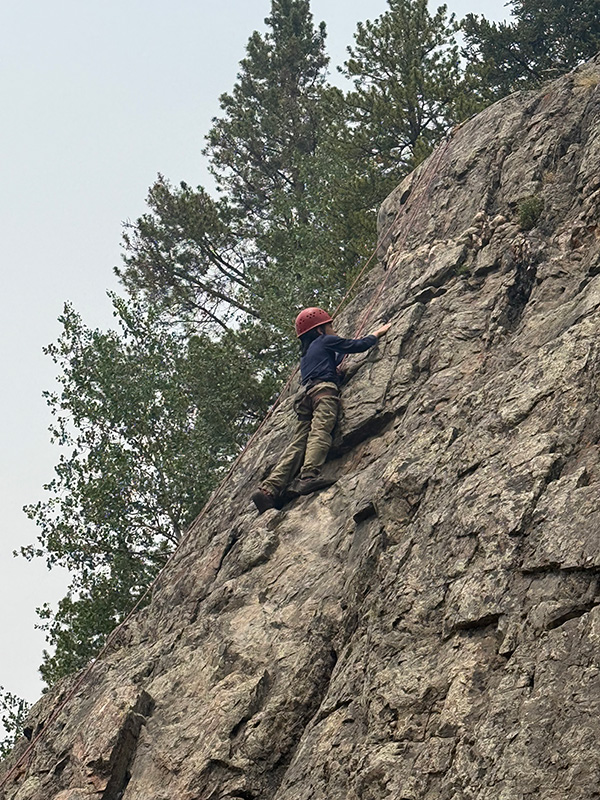 Boy on rock climbing wall near the top